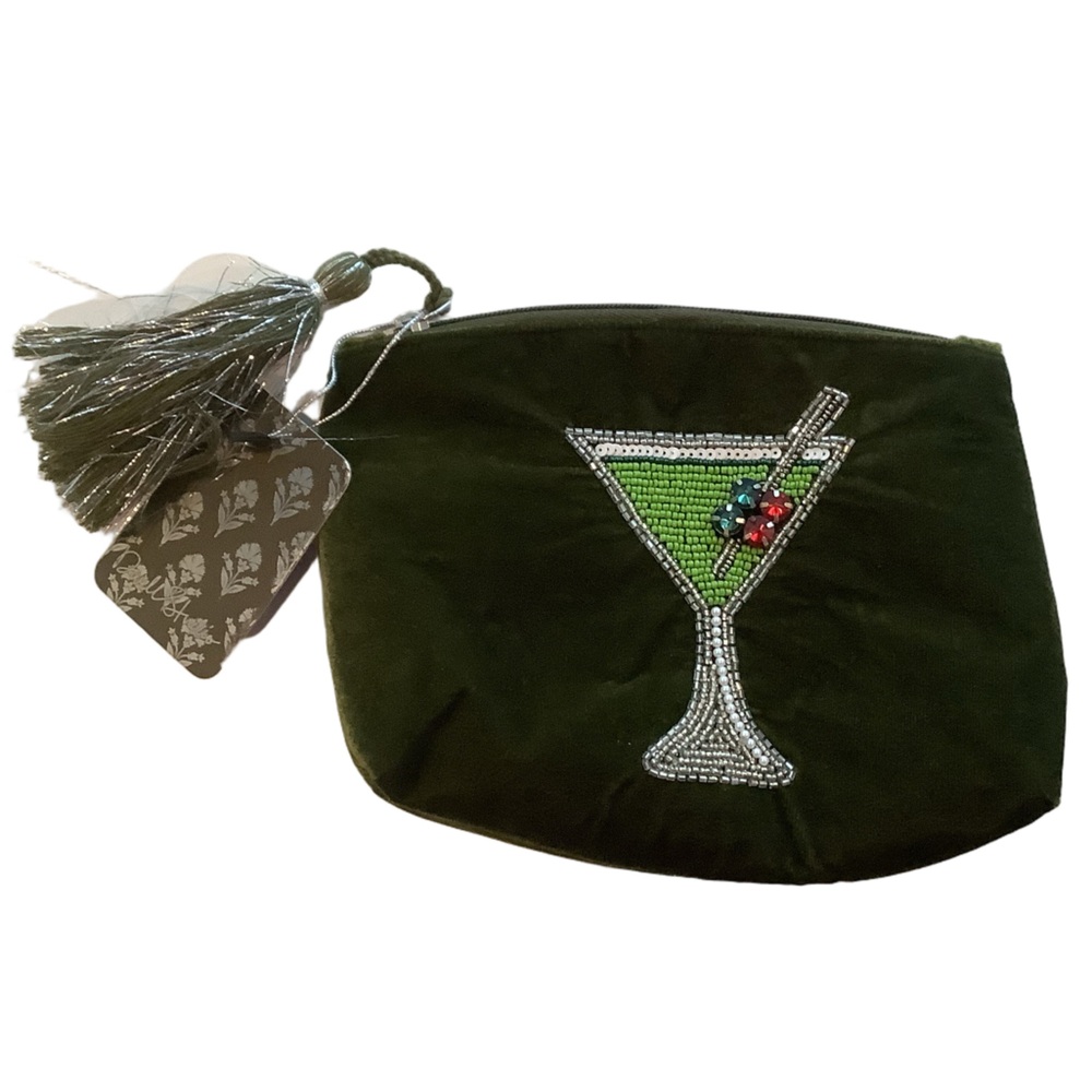 Martini Glass Green Velvet Beaded Cosmetic Pouch Bag New